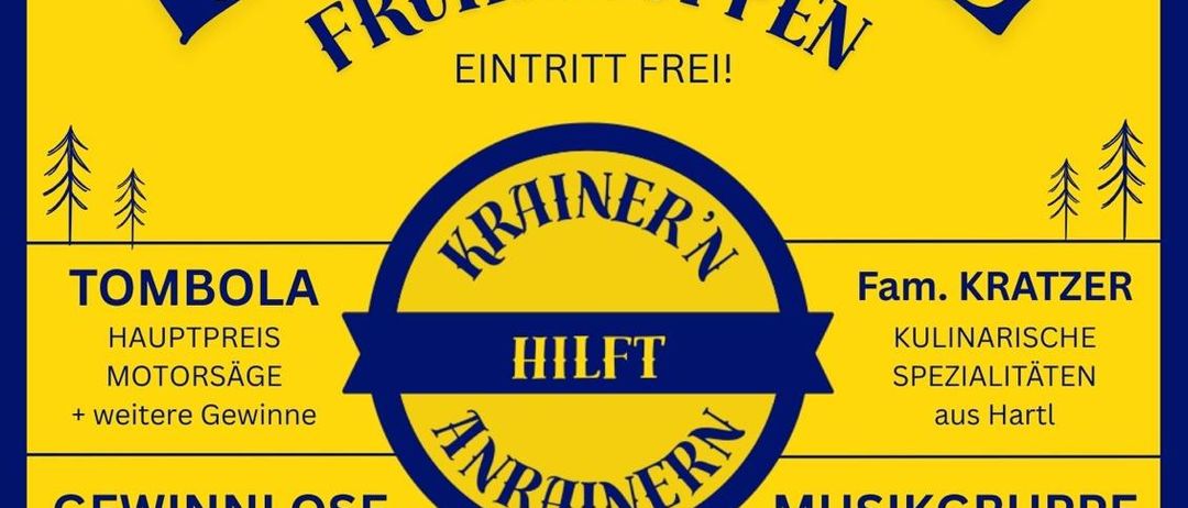 Ein gelbes Plakat für einen Familientag mit einer Tombola, bei der es einen Hauptpreis, eine Motorsäge und weitere Gewinne gibt. Es beinhaltet musikalische Auftritte der Original Oberkrainer und familienfreundliche Aktivitäten.