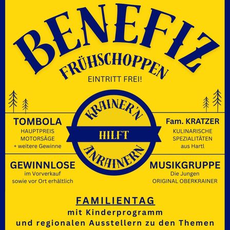 Ein gelbes Plakat für eine Familienveranstaltung. Es steht 'Benefit Fruhschoppen Eintritt Frei!' mit einem blauen Logo. Das Plakat enthält Details zu einer Tombola, kulinarischen Spezialitäten, Musikgruppen und einem Familientag mit Kinderprogramm und regionalen Ausstellern.