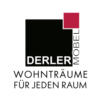 Das Logo von Derler Mobel, bestehend aus einem schwarzen Quadrat mit einem roten Quadrat obenauf, begleitet von dem Text 'Wohntraume fur jeden Raum'.