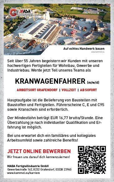 Stellenanzeige für Kranwagenfahrer bei MABA Fertigteilindustrie GmbH. Das Bild zeigt ein Fabrikgebäude und ein Bürogebäude im Hintergrund. Das Unternehmen bedient Kunden seit über 55 Jahren mit hochwertigen Fertigteilen für Wohnungs-, Gewerbe- und Industriebau.