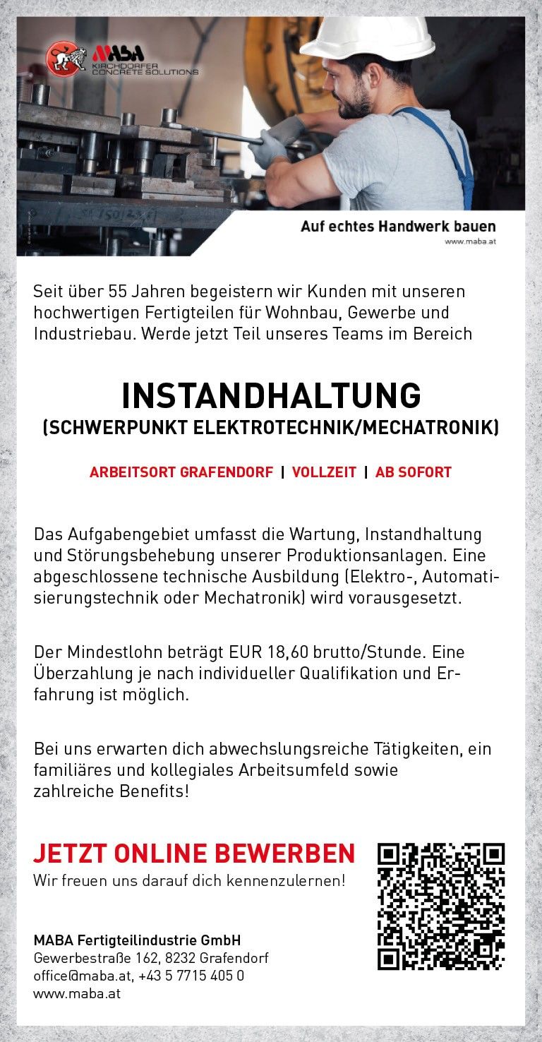 For over 55 years, we have been exciting customers with our high-quality products for residential, commercial, and industrial construction. Join our team in maintenance, focusing on electrotechnology/mechatronics. Full-time position available immediately. Minimum wage is EUR 18.60 gross per hour, with potential for higher pay based on qualifications. We offer diverse tasks, a family-like work environment, and numerous benefits.