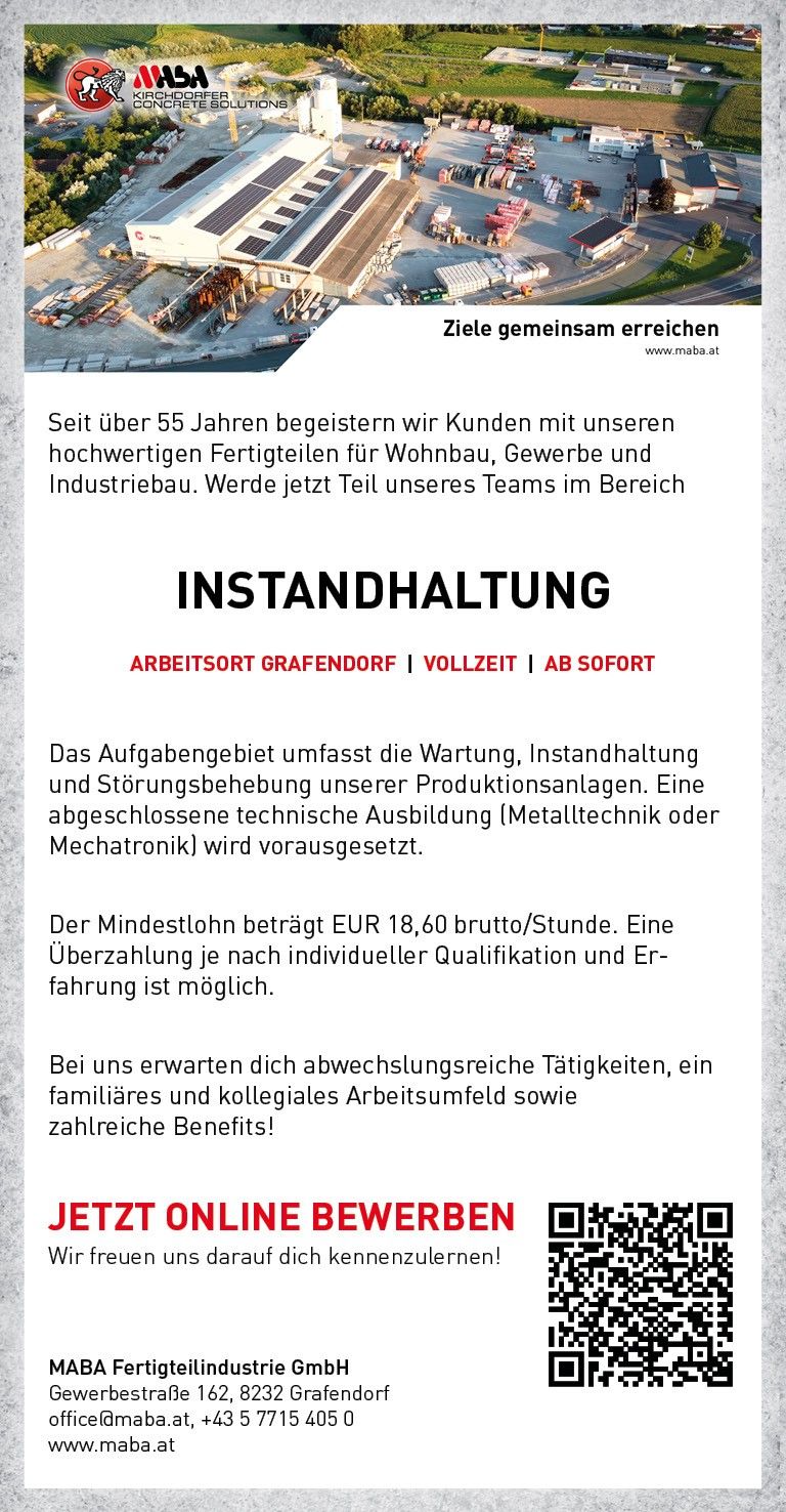 Over 55 years, we have delighted customers with our high-quality products for residential, commercial, and industrial construction. Join our team now. Job type: Grafendorf. Full-time. Start: Immediately. Minimum wage: EUR 18.60/hour. More based on qualification and experience. Expect diverse tasks, a friendly and collegial work environment, and numerous benefits.