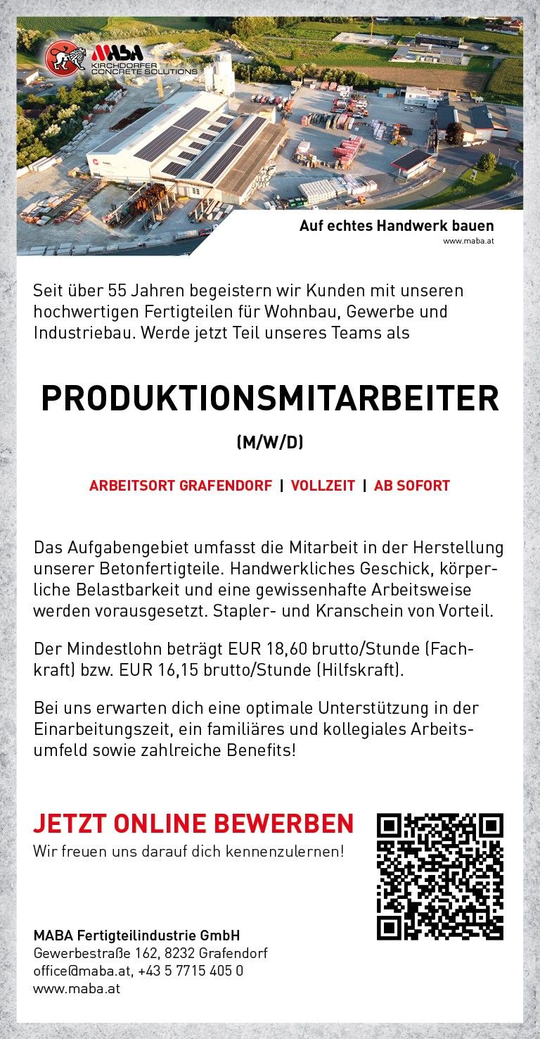 Job opportunity for production workers. Involves making concrete components. Requires manual skill, physical endurance, and a certain work style. Minimum wage is EUR 18.60/hour (expert) or EUR 16.15/hour (helper). Expect optimal support, a familiar and collegial work environment, and numerous benefits.
