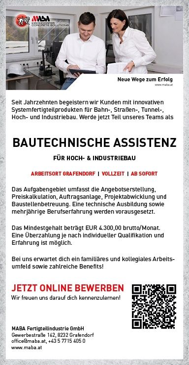 An advertisement for a job opening in the construction industry. It features two professionals in white lab coats, one man using a tablet and a woman looking at a document. The text highlights the role of a technical assistant for high and industrial construction, with a minimum salary of EUR 4,300.00 gross/month. The company offers a family-friendly and collegial work environment with numerous benefits. A QR code is provided for online application.