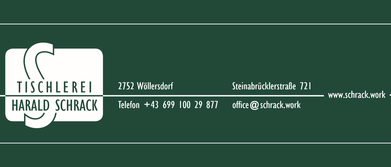 Das Bild enthält die Adresse 2752 Wollersdorf, Steinabrucklerstr, eine Telefonnummer +43 699 100 29 877 und eine E-Mail office@schrack.w.
