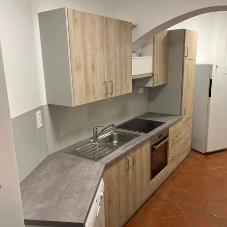 Eine moderne Küche mit Holzschränken, einer Edelstahlspüle und einem schwarzen Induktionskochfeld. Ein weißer Kühlschrank steht rechts.