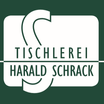 Das Logo für Schreinerei Harald Schrack, mit einem stilisierten Buchstaben 'S' in Weiß auf grünem Hintergrund. Der Text 'TISCHLEREI HARALD SCHRACK' ist in fetter, serifenloser Schrift geschrieben.