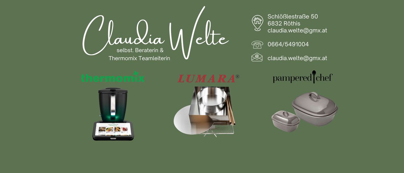 Ein grüner Banner mit dem Logo von Claudia Welte und der Marke Thermomix. Es enthält Kontaktdaten und ein Bild von Küchenutensilien.