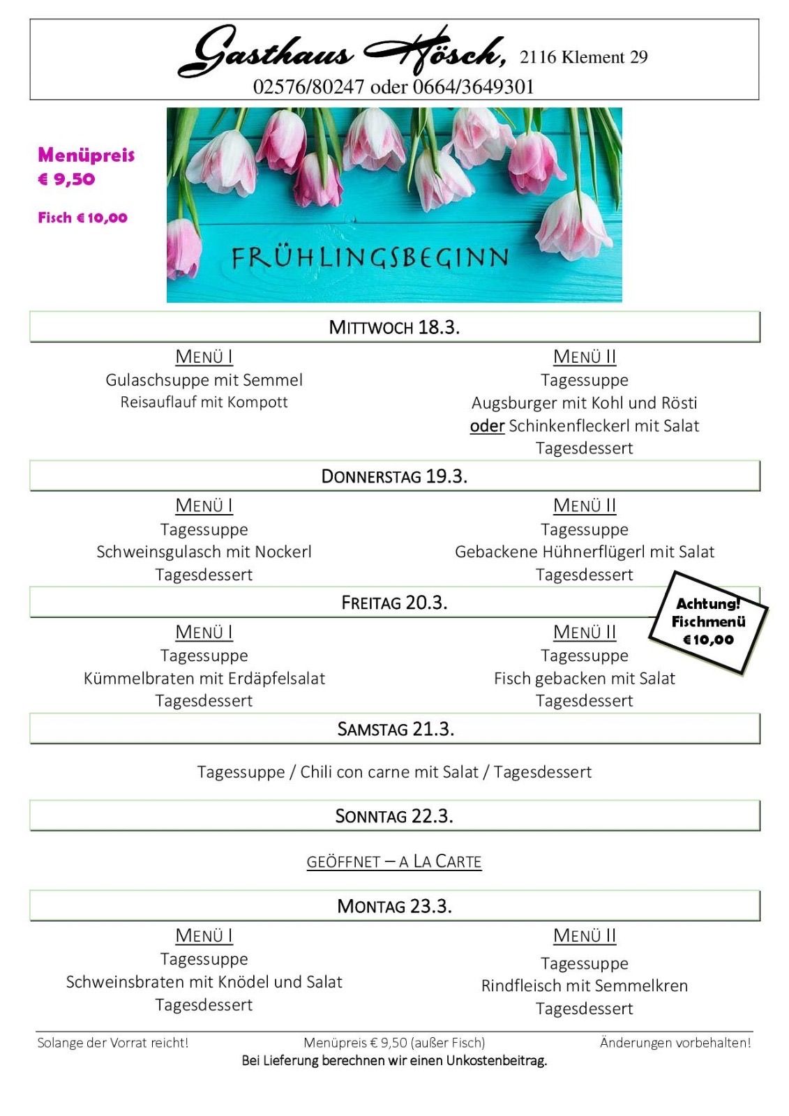 Wöchentliches Menü für die Woche vom 18. März. Verfügbare Gerichte umfassen Suppe, Hauptgang und Dessert. Fisch ist für 10 Euro erhältlich.