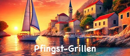 Sunset by the sea with a sailboat in the foreground, a small town with red roofs and a flag of the Netherlands.