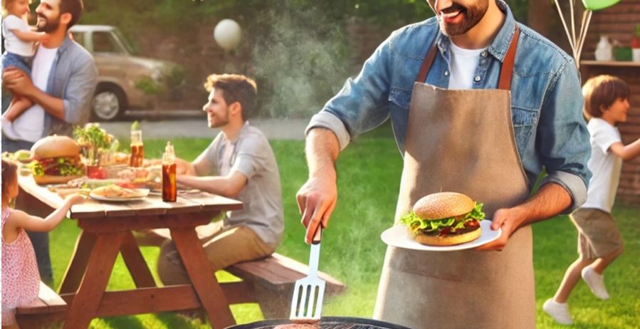 Ein Mann in Kochmütze und Schürze grillt Burger im Garten. Ein Tisch mit Essen und einem Banner mit der Aufschrift 'Happy Father's Day' steht dahinter.