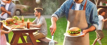 A man wearing a chef's hat and apron is grilling burgers in a backyard. A table with food and a banner reading 'Happy Father's Day' is behind him.