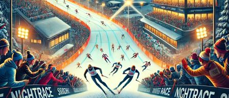 Plakat für den Nightrace Schladming, ein Skirennen, das auf einem verschneiten Berg stattfindet, mit einer Menge, die zuschaut. Skifahrer konkurrieren auf einer von hellen Lichtern erleuchteten Piste. Das Datum, 27. bis 28. Januar, ist oben angegeben.