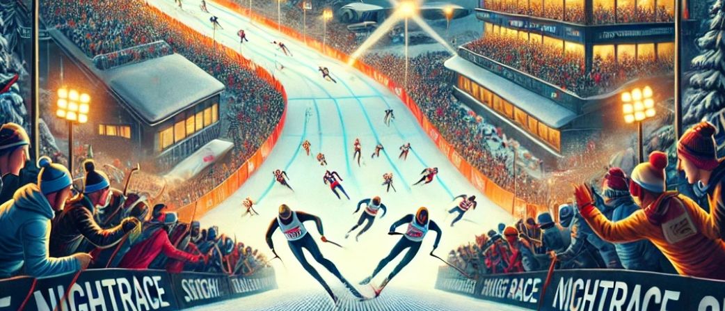 Plakat für den Nightrace Schladming, ein Skirennen, das auf einem verschneiten Berg stattfindet, mit einer Menge, die zuschaut. Skifahrer konkurrieren auf einer von hellen Lichtern erleuchteten Piste. Das Datum, 27. bis 28. Januar, ist oben angegeben.