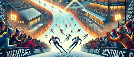 Plakat für The Nightrace Schladming, ein Event vom 27. bis 28. Januar. Zeigt eine verschneite Ski-Abfahrt mit Teilnehmern, Zuschauern und beleuchteten Gebäuden.