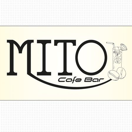 Mito Cafe Bar Logo mit stilisiertem Becher, Strohhalm, Zitrone und Kaffeebohnen auf beigem Hintergrund.
