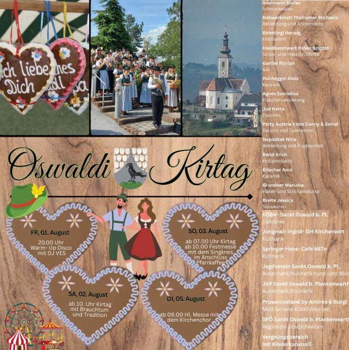 Plakat für das Oswaldi Kirtag-Event. Zeigt Termine, Uhrzeiten und Veranstaltungsorte des Festivals. Zentrales Bild eines Paares in traditioneller Kleidung. Hintergrund zeigt eine Kirche und eine Gruppe von Menschen. Herzförmige Designs und Text in Deutsch.