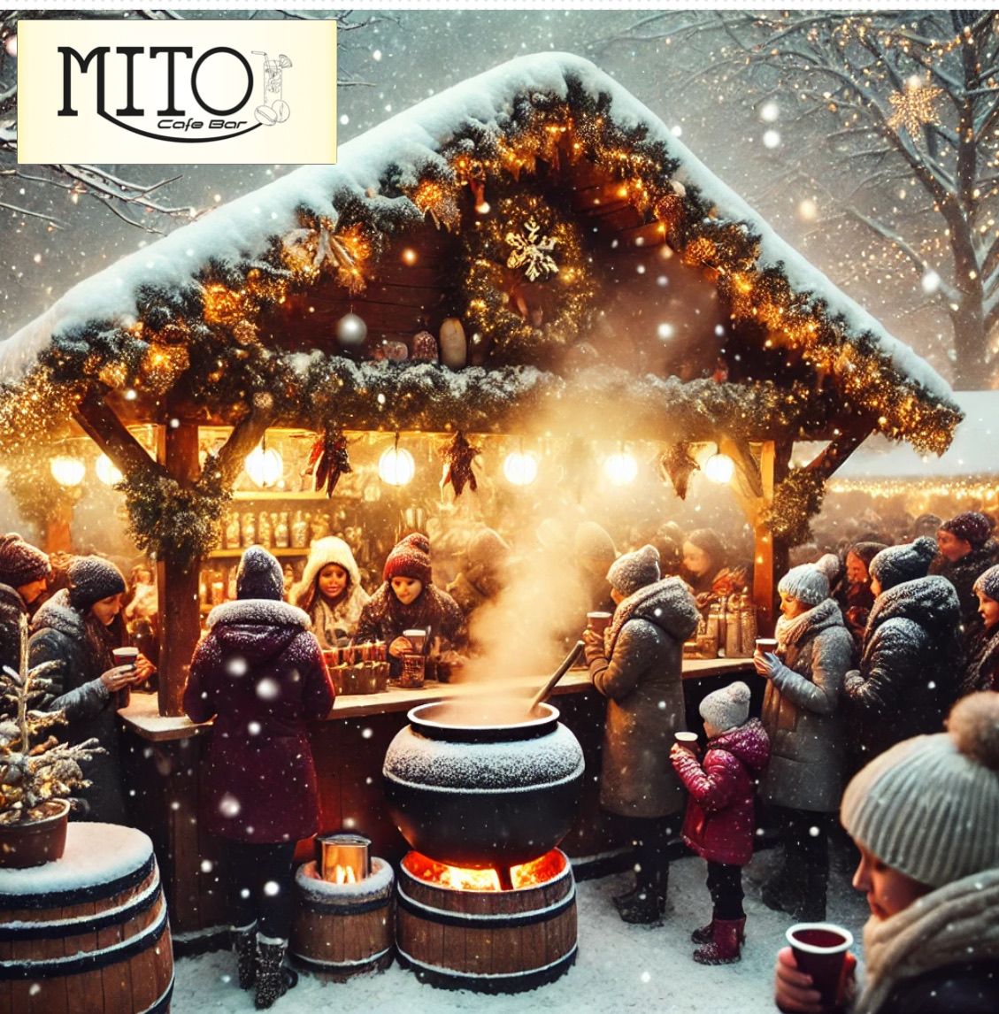 Eine Wintermarktszene mit einem verschneiten Vordach, festlichen Lichtern und einem Topf auf dem Feuer. Mehrere Menschen, darunter ein Kind in einem roten Mantel, stehen in einer Schlange und genießen Getränke aus Tassen. Das Bild hat einen Wasserzeichen mit dem Text 'MITO Cafe Bar.'