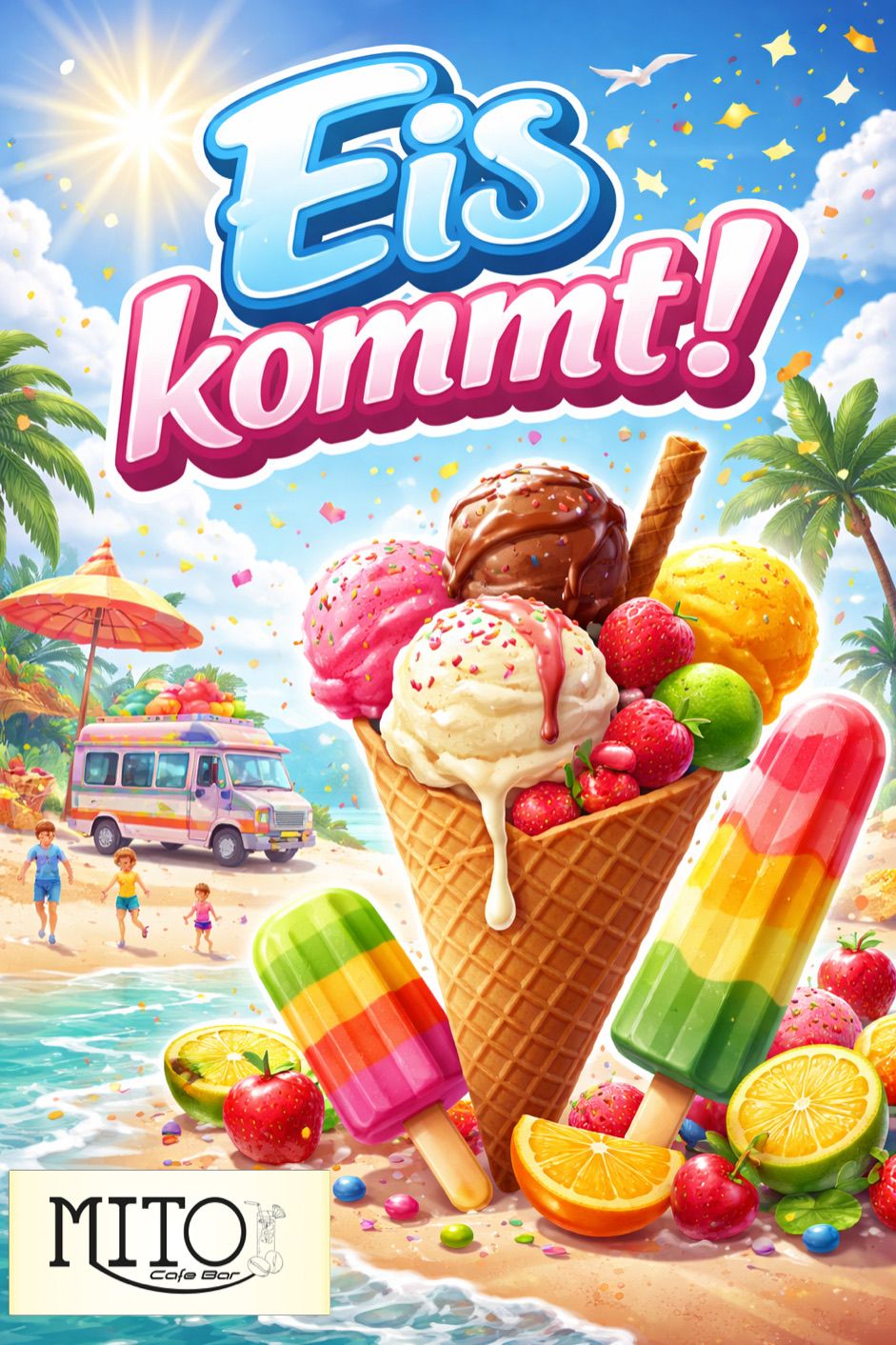 A vibrant poster shows an ice cream cone filled with chocolate, strawberry, and fruit, accompanied by popsicles on a sunny beach with children and an ice cream truck in the background.