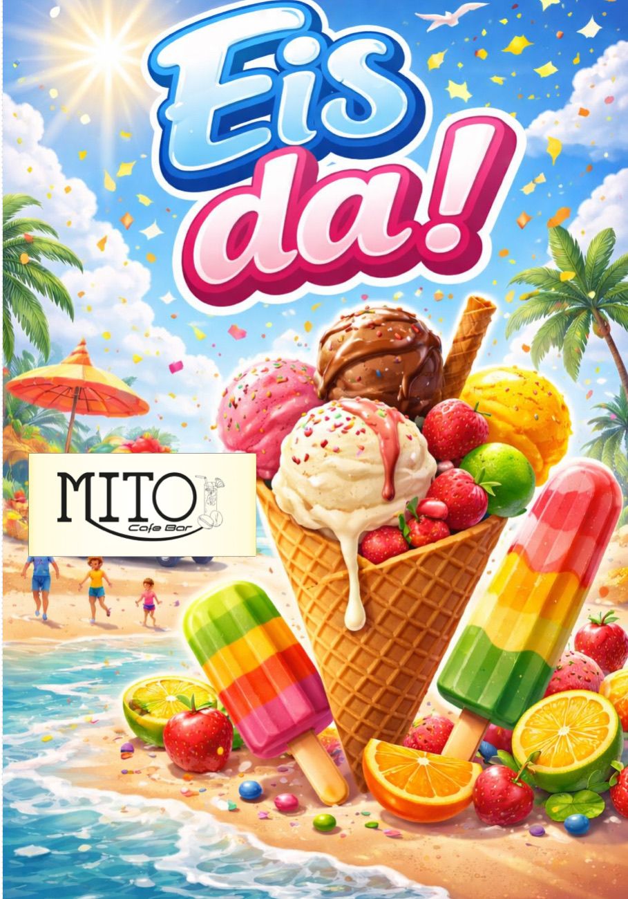 A vibrant poster advertising a brand called MOTO Cafe Bar features a giant ice cream cone filled with multiple flavors of ice cream, fruits, and topped with a cherry. Colorful popsicles and a tropical beach scene with palm trees and a yellow umbrella add to the festive atmosphere.