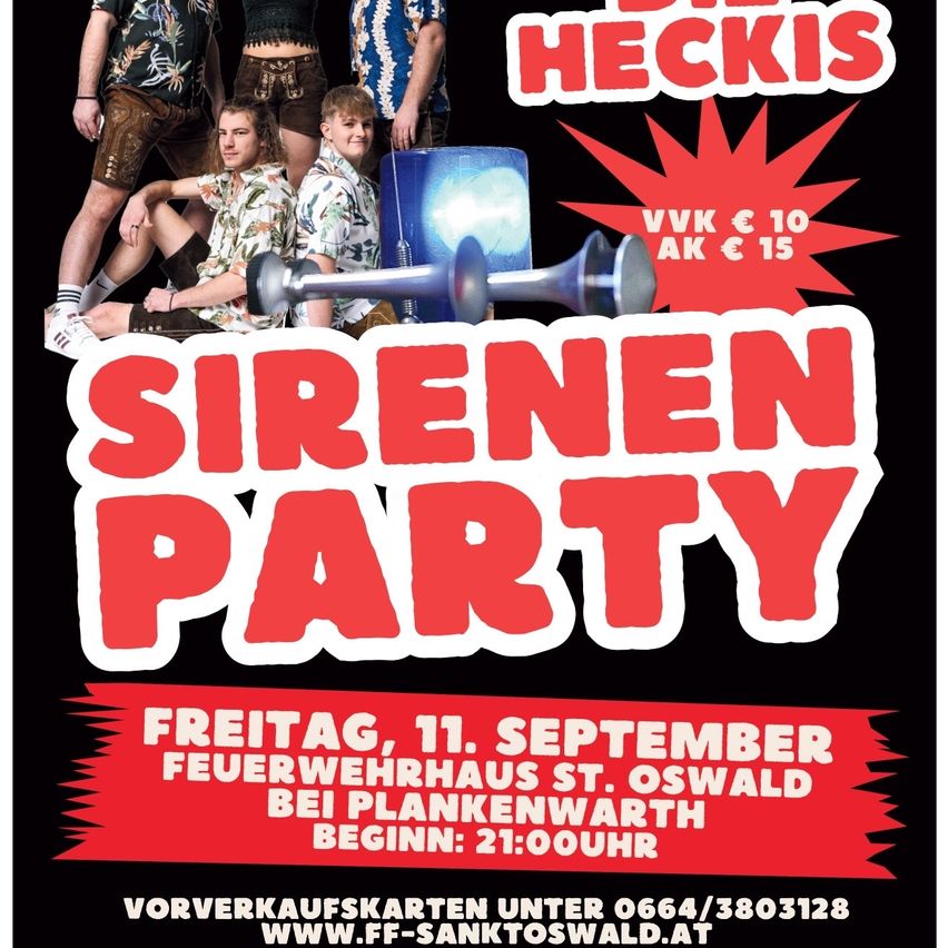 Poster for a party called 'Sirenen Party' featuring a group of people in Hawaiian shirts. The event is on Friday, September 11th at the Feuerwehrhaus St. Oswald. Admission is 10 Euros for members and 15 Euros for non-members.