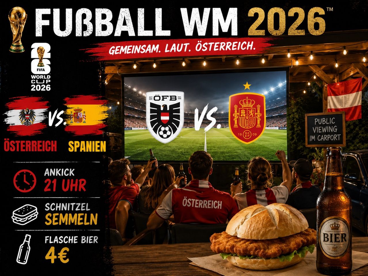 Football World Cup 2026, Spain vs. Austria, watch it together in Austria. Kickoff at 21:00. Enjoy snacks, pretzels, and beer for 4€.
