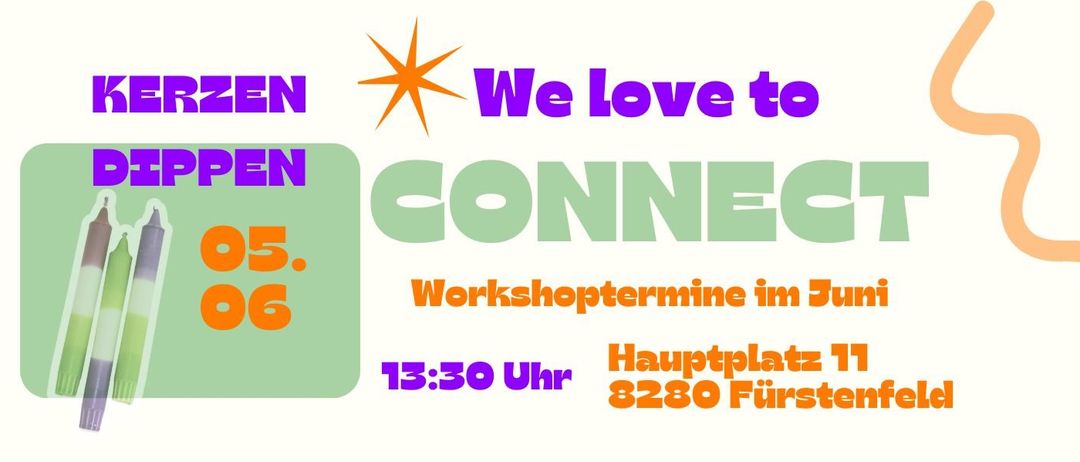 Eine Werbung für den 'Dippen Connect' Workshop, geplant für den 5. Juni, um 13:30 Uhr auf dem Hauptplatz 11, 8280 Fürstenfeld.