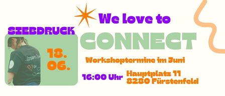Poster for a workshop with a woman on it. It says the workshop will be on June 18th at 4pm at Hauptplatz 11, 8280 Fürstenfeld.