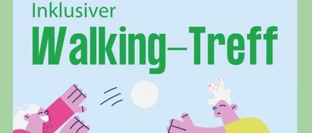 Eine Illustration von zwei Menschen in Bewegung, einer spielt mit einem Ball, vor einem hellblauen Hintergrund mit fetten Texten 'Die Bewegungs-Revolution' und 'Inklusiver Walking-Treff'.