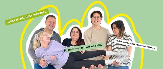 A family of five people is posing for a photo with a green background and yellow lines. The woman in the middle is lying on the shoulders of the two people on either side. The man on the left is holding the woman's hand. The man on the right is smiling.