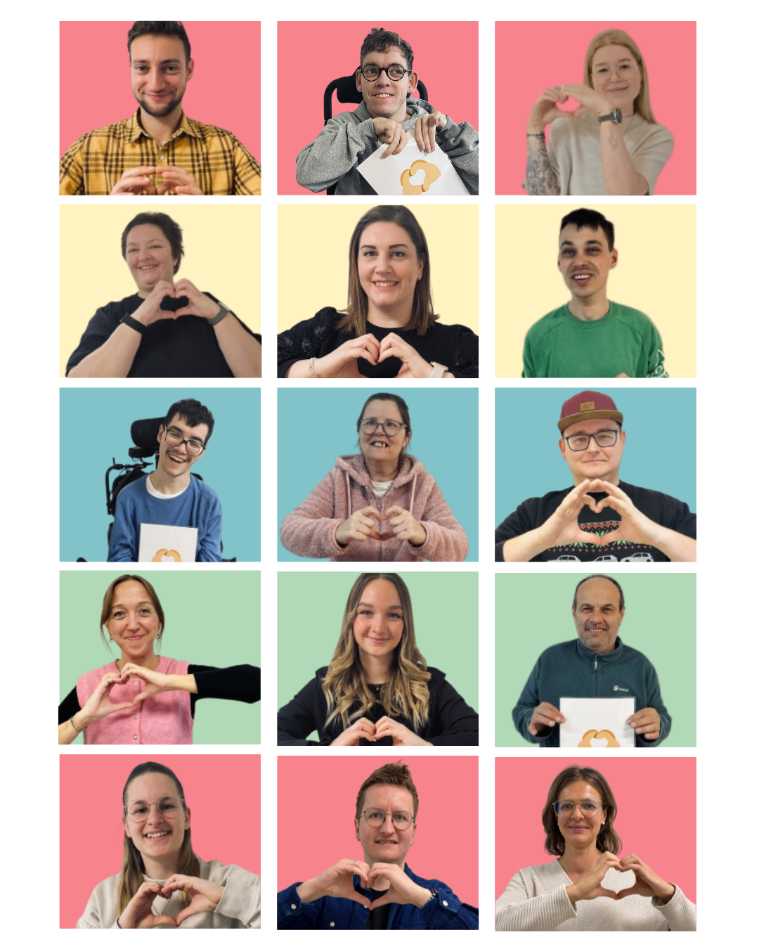 Eine Collage verschiedener Menschen, die Herzhandgesten mit unterschiedlichen Hintergründen machen. Eine Person im Rollstuhl. Jeder Mensch zeigt eine einzigartige Ausdruck und Kleidung.