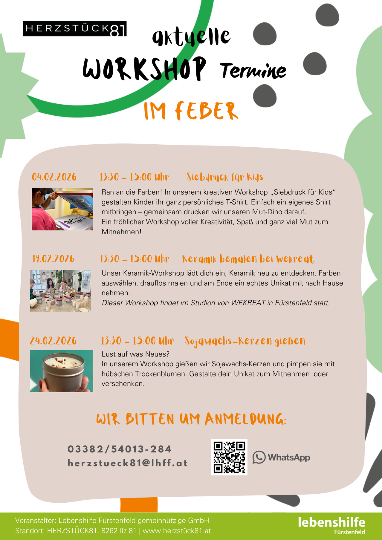 IM FEVER. Vier verschiedene Workshops für Kinder und Erwachsene. 04.02.2026, Kinder malen T-Shirts. 11.02.2026, Keramik-Workshop. 24.02.2026, Sojawachs-Kerzen. Kontakt: 03382/54013-284.