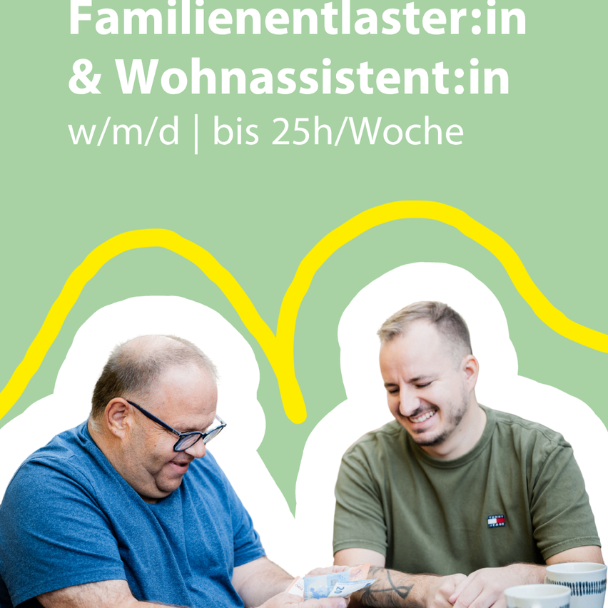 Zwei Männer lächelnd, einer übergibt dem anderen Geld. Grüner Hintergrund mit Text über Familienunterstützung und Wohnbeihilfe.