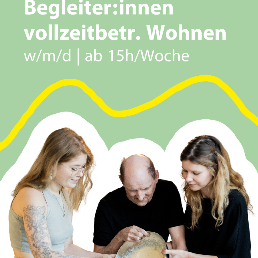 Ein Werbeplakat zeigt drei Menschen bei der Arbeit. Die Frau auf der linken Seite hat ein Tattoo auf ihrem Arm. Der Mann in der Mitte hält einen Teller und die Frau auf der rechten Seite schaut darauf. Das Plakat hat einen grünen Hintergrund mit Text oben.