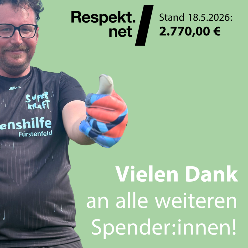 A man gives a thumbs up in a t-shirt with Super Kraft text. Green background with text stating Respekt.net and a donation amount.