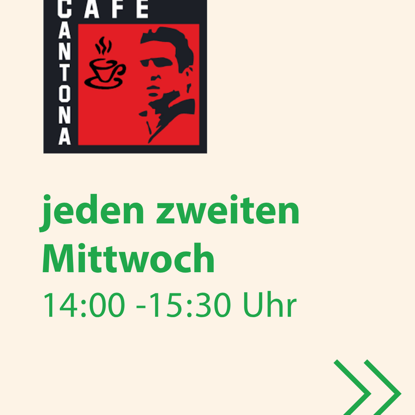 Cafe Cantona logo with a man's face and a cup of coffee. Below it, text reads 'Every second Wednesday 14:00 - 15:30'.
