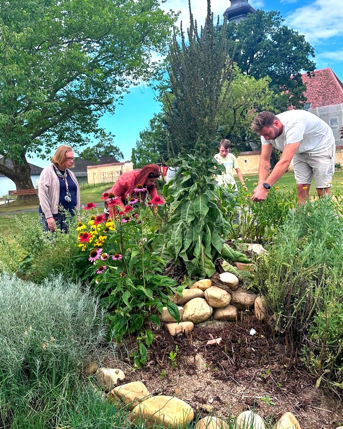 A group of people are tending to a garden with colorful flowers and greenery, with one person bending over to work on the plants.