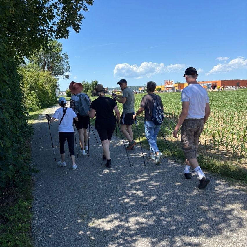 A group of people walking with hiking poles on a path through a field, wearing hats and backpacks.