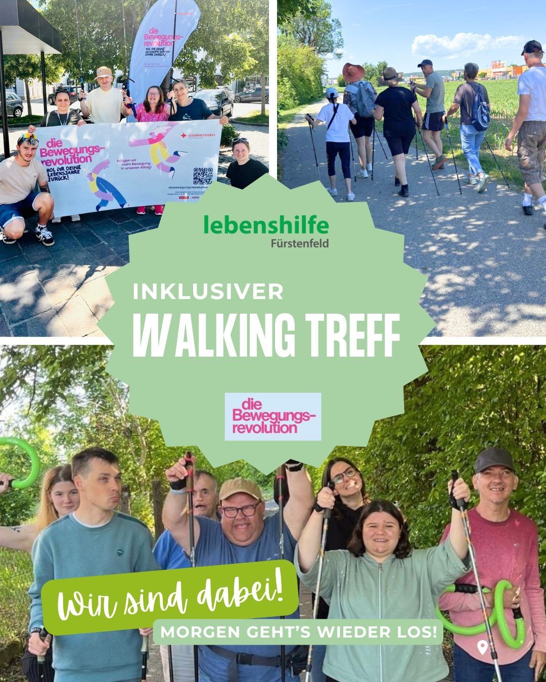 A collage of images showing a group of people participating in an inclusive walking event. They are holding banners, walking sticks, and posing for photos. The event is organized by 'Lebenshilfe Furstenfeld' and is part of 'Die Bewegungsrevolution'.