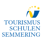 Das Bild zeigt das Logo für 'Tourismus Schulen Semmering' mit einem stilisierten Buchstaben 'V' und Sternen darüber. Der Text ist in Blau und Gelb.