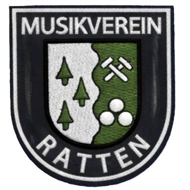 Das Emblem des Musikverein Ratten zeigt einen Schild mit grünem und weißem Hintergrund, der drei Tannenbäume und einen Hammer und eine Spitzhacke darstellt. Der Schild ist von einem schwarzen Oval mit weißem Text umgeben, der oben 'MUSIKVEREIIN' und unten 'RATTEN' lautet.