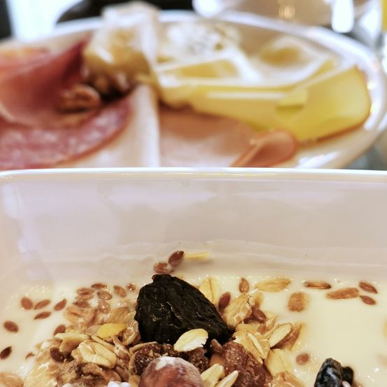 Ein weißer Behälter mit Joghurt, Granola und getrockneten Früchten. Ein Teller mit Käsescheiben, Salami und Nüssen im Hintergrund.