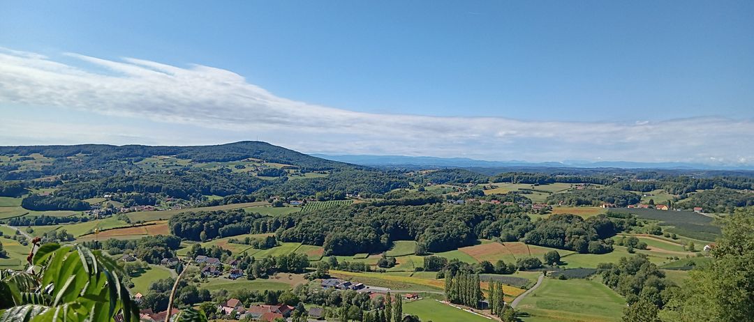 Ein Panoramablick auf eine grüne, üppige Landschaft mit Häusern und Bauernhöfen. Hügel und ein blauer Himmel mit Wolken bestimmen die Szene.