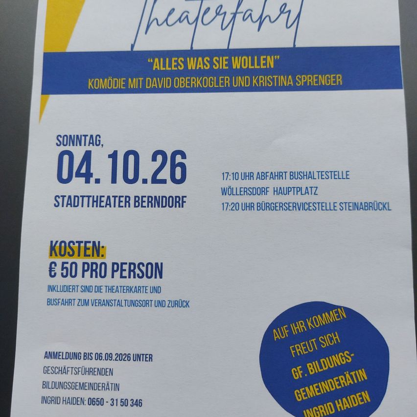 A flyer for a theater event on October 4, 2026, featuring a comedy with David Oberkogler and Kristina Sprenger. The event includes transportation and costs 50 euros per person.