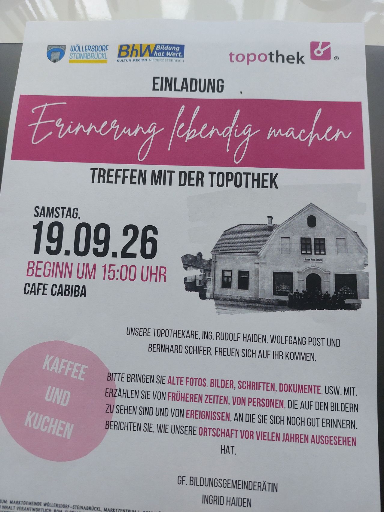 Poster for a local history event on September 19, 2026, inviting attendees to meet the local historian at Cafe Cabiba. The poster features a historical image of a building and text in German.