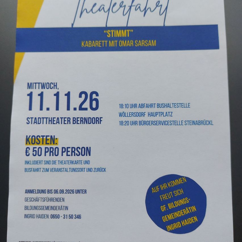 Poster for a cabaret event titled 'Stimmung' by Omar Sarsam. Scheduled for November 11, 2026, at Stadttheater Berndorf. Tickets cost 50 euros per person, including theater tickets and transportation.