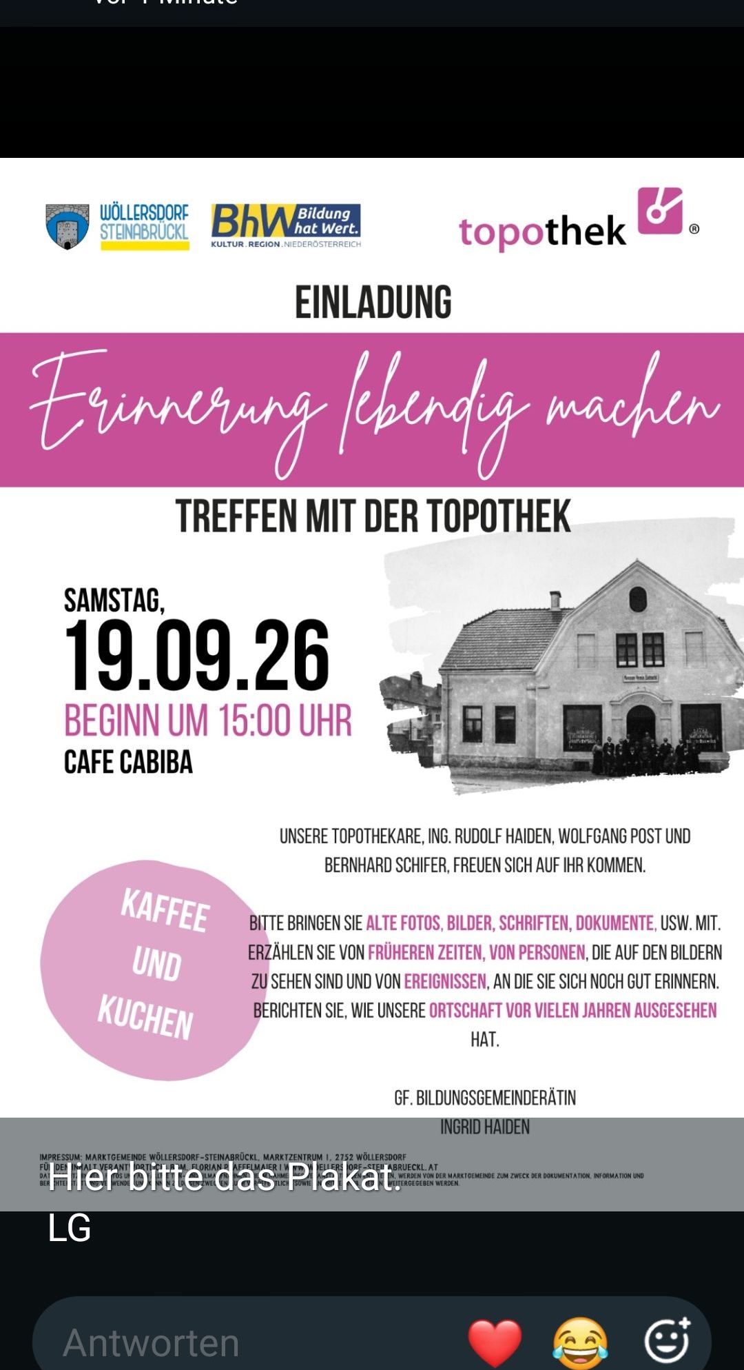 Plakat für eine lokale Geschichtsveranstaltung in Linsburg, Deutschland. Es zeigt ein Haus und erwähnt ein Treffen im Cafe Cabiba am 19. September 2026.