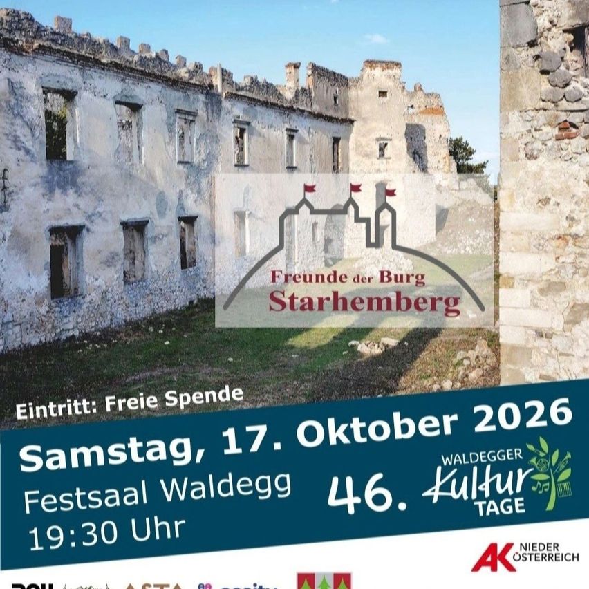 Ein Werbeplakat für das Starhemberg-Event in 3D und HD, das eine alte Burg mit blauem Himmel und weißen Wolken im Hintergrund zeigt.