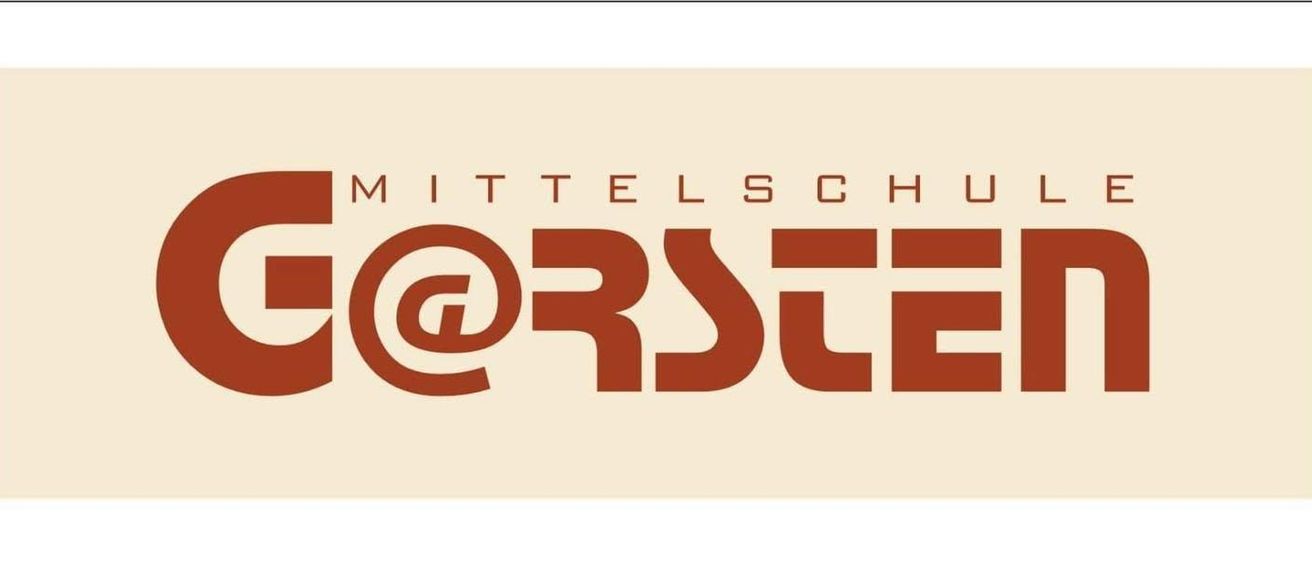 Ein beige Hintergrund mit einem Logo, das 'Mittelschule@Rsle' in braunem Text sagt. Das Design enthält einen stilisierten Buchstaben 'C' mit einem Punkt in der Mitte.