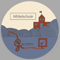 Illustration einer Schule mit einem Gebäude, einer Flagge und Wellen. Der Text 'Mittelschule' befindet sich über dem Gebäude. Der Text 'Garsten' ist unter den Wellen mit einem Häkchen geschrieben.